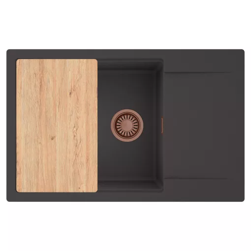 HD Onyx Antracit 78-XL egymedencés gránit mosogatótálca, vágódeszkával, matt antracit színben, szálcsiszolt réz leeresztő szifonnal