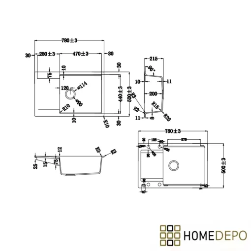 HD Onyx Antracit 78-XL egymedencés gránit mosogatótálca, vágódeszkával, matt antracit színben, szálcsiszolt réz leeresztő szifonnal