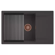 HD Onyx Antracit 78-XL egymedencés mosogatótálca szett, acél csepegtetőráccsal, csepegtetőtálcával, matt antracit színben, szálcsiszolt réz leeresztő szifonnal