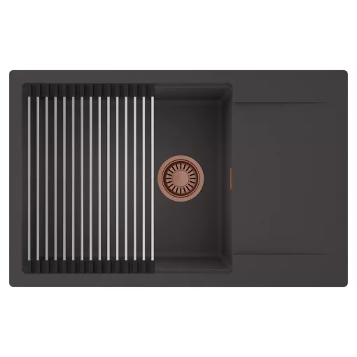 HD Onyx Antracit 78-XL egymedencés mosogatótálca szett, acél csepegtetőráccsal, csepegtetőtálcával, matt antracit színben, szálcsiszolt réz leeresztő szifonnal