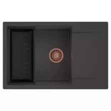 HD Onyx Antracit 78-XL egymedencés mosogatótálca szett, matt fekete csepegtetőkosárral, csepegtetőtálcával, matt antracit színben, szálcsiszolt réz leeresztő szifonnal