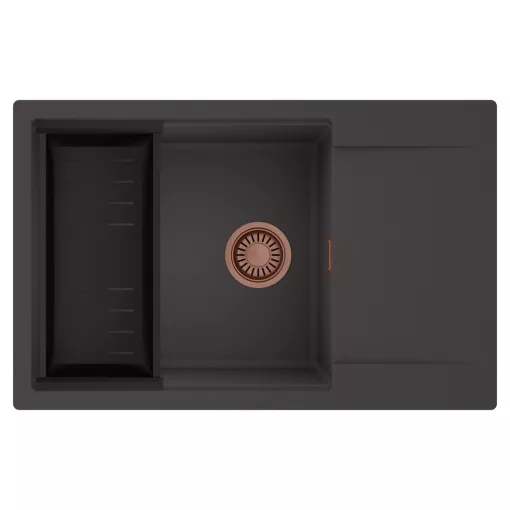 HD Onyx Antracit 78-XL egymedencés mosogatótálca szett, matt fekete csepegtetőkosárral, csepegtetőtálcával, matt antracit színben, szálcsiszolt réz leeresztő szifonnal