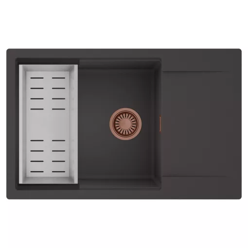 HD Onyx Antracit 78-XL egymedencés mosogatótálca szett, acél csepegtetőkosárral, csepegtetőtálcával, matt antracit színben, szálcsiszolt réz leeresztő szifonnal