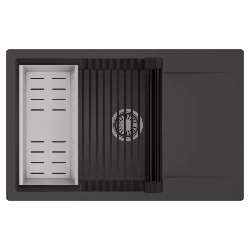 HD Onyx Antracit 78-XL egymedencés mosogatótálca szett, matt fekete csepegtetőráccsal és krómozott kosárral, csepegtetőtálcával, matt antracit színben