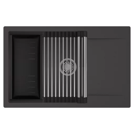 HD Onyx Antracit 78-XL egymedencés mosogatótálca szett, acél csepegtetőráccsal és matt fekete kosárral, csepegtetőtálcával, matt antracit színben