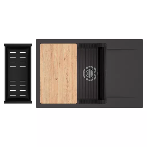HD Onyx Antracit 78-XL egymedencés gránit mosogatótálca szett, csepegtetőtálcával, vágódeszkával, matt fekete csepegtetőráccsal és kosárral, matt antracit színben