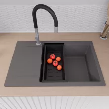 HD Onyx Antracit 78-XL egymedencés gránit mosogatótálca szett, csepegtetőtálcával, vágódeszkával, matt fekete csepegtetőráccsal és kosárral, matt antracit színben