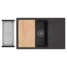 HD Onyx Antracit 78-XL egymedencés gránit mosogatótálca szett, csepegtetőtálcával, vágódeszkával, matt fekete csepegtetőráccsal és krómozott kosárral, matt antracit színben