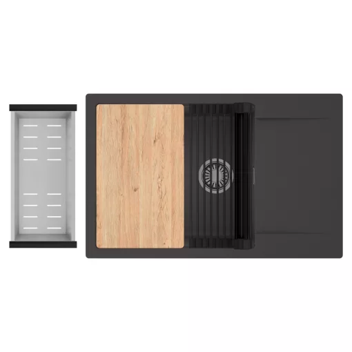 HD Onyx Antracit 78-XL egymedencés gránit mosogatótálca szett, csepegtetőtálcával, vágódeszkával, matt fekete csepegtetőráccsal és krómozott kosárral, matt antracit színben