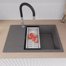 HD Onyx Antracit 78-XL egymedencés gránit mosogatótálca szett, csepegtetőtálcával, vágódeszkával, matt fekete csepegtetőráccsal és krómozott kosárral, matt antracit színben