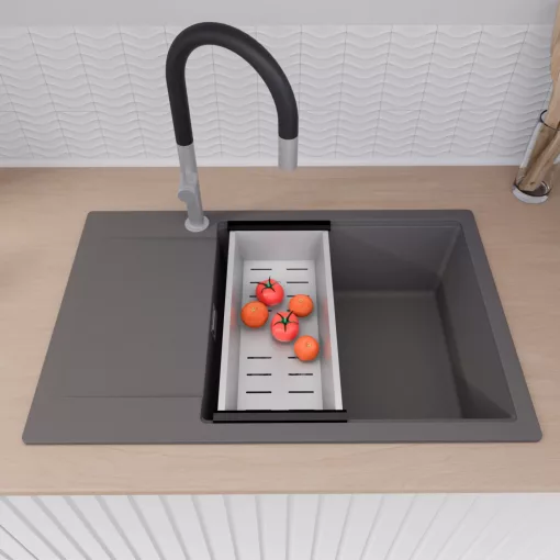 HD Onyx Antracit 78-XL egymedencés gránit mosogatótálca szett, csepegtetőtálcával, vágódeszkával, matt fekete csepegtetőráccsal és krómozott kosárral, matt antracit színben