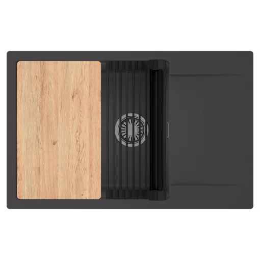 HD Onyx Antracit 78-XL egymedencés gránit mosogatótálca szett, csepegtetőtálcával, vágódeszkával, matt fekete csepegtetőráccsal, matt antracit színben