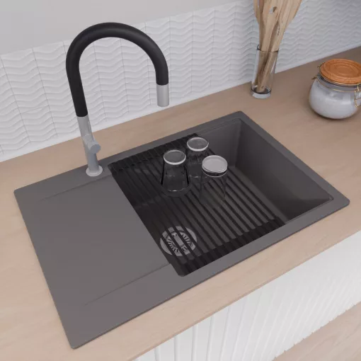 HD Onyx Antracit 78-XL egymedencés gránit mosogatótálca szett, csepegtetőtálcával, vágódeszkával, matt fekete csepegtetőráccsal, matt antracit színben