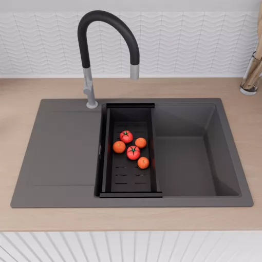 HD Onyx Antracit 78-XL egymedencés gránit mosogatótálca szett, csepegtetőtálcával, vágódeszkával, acél csepegtetőráccsal és matt fekete kosárral, matt antracit színben