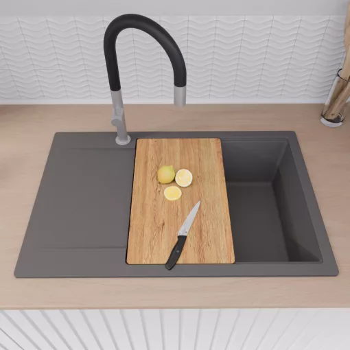 HD Onyx Antracit 78-XL egymedencés gránit mosogatótálca szett, csepegtetőtálcával, vágódeszkával, acél csepegtetőráccsal és kosárral, matt antracit színben