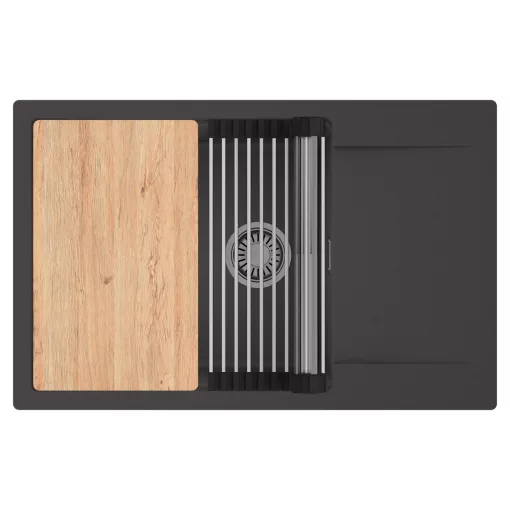 HD Onyx Antracit 78-XL egymedencés gránit mosogatótálca szett, csepegtetőtálcával, vágódeszkával, acél csepegtetőráccsal, matt antracit színben