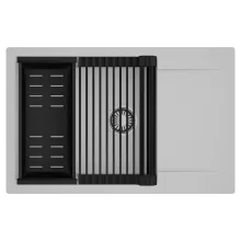 HD Onyx Grey 78-XL egymedencés mosogatótálca szett, matt fekete csepegtetőráccsal és kosárral, csepegtetőtálcával, alpesi szürke színben, szálcsiszolt króm leeresztő szifonnal