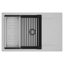 HD Onyx Grey 78-XL egymedencés mosogatótálca szett, matt fekete csepegtetőráccsal és krómozott kosárral, csepegtetőtálcával, alpesi szürke színben, szálcsiszolt króm leeresztő szifonnal