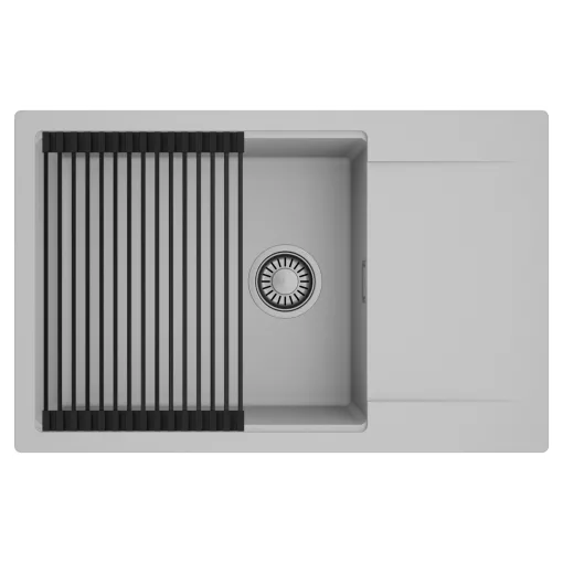 HD Onyx Grey 78-XL egymedencés mosogatótálca szett, matt fekete csepegtetőráccsal, csepegtetőtálcával, alpesi szürke színben, szálcsiszolt króm leeresztő szifonnal