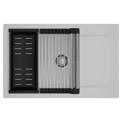 HD Onyx Grey 78-XL egymedencés mosogatótálca szett, acél csepegtetőráccsal és matt fekete kosárral, csepegtetőtálcával, alpesi szürke színben, szálcsiszolt króm leeresztő szifonnal