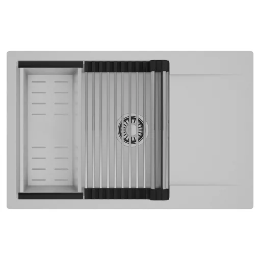 HD Onyx Grey 78-XL egymedencés mosogatótálca szett, acél csepegtetőráccsal és kosárral, csepegtetőtálcával, alpesi szürke színben, szálcsiszolt króm leeresztő szifonnal