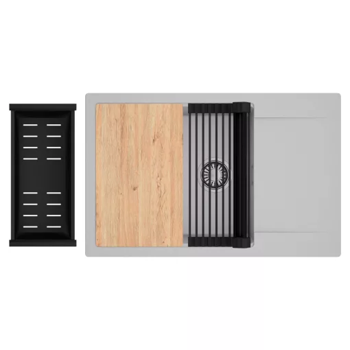 HD Onyx Grey 78-XL egymedencés gránit mosogatótálca szett, csepegtetőtálcával, vágódeszkával, matt fekete csepegtetőráccsal és kosárral, alpesi szürke színben, szálcsiszolt króm leeresztő szifonnal