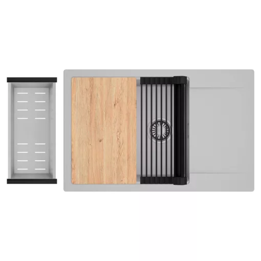 HD Onyx Grey 78-XL egymedencés gránit mosogatótálca szett, csepegtetőtálcával, vágódeszkával, matt fekete csepegtetőráccsal és krómozott kosárral, alpesi szürke színben, szálcsiszolt króm leeresztő szifonnal