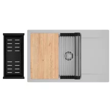 HD Onyx Grey 78-XL egymedencés gránit mosogatótálca szett, csepegtetőtálcával, vágódeszkával, acél csepegtetőráccsal és matt fekete kosárral, alpesi szürke színben, szálcsiszolt króm leeresztő szifonnal