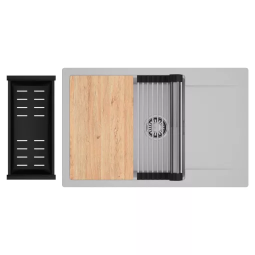 HD Onyx Grey 78-XL egymedencés gránit mosogatótálca szett, csepegtetőtálcával, vágódeszkával, acél csepegtetőráccsal és matt fekete kosárral, alpesi szürke színben, szálcsiszolt króm leeresztő szifonnal