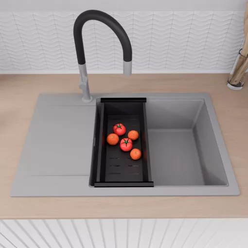 HD Onyx Grey 78-XL egymedencés gránit mosogatótálca szett, csepegtetőtálcával, vágódeszkával, acél csepegtetőráccsal és matt fekete kosárral, alpesi szürke színben, szálcsiszolt króm leeresztő szifonnal