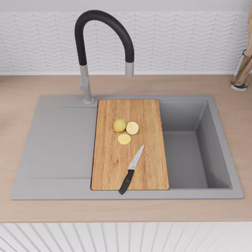 HD Onyx Grey 78-XL egymedencés gránit mosogatótálca szett, csepegtetőtálcával, vágódeszkával, acél csepegtetőráccsal és kosárral, alpesi szürke színben, szálcsiszolt króm leeresztő szifonnal