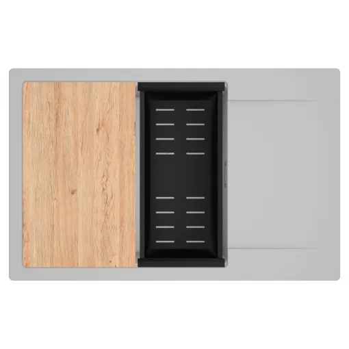 HD Onyx Grey 78-XL egymedencés gránit mosogatótálca szett, csepegtetőtálcával, vágódeszkával, matt fekete csepegtetőkosárral, alpesi szürke színben, szálcsiszolt króm leeresztő szifonnal