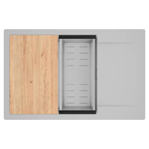 HD Onyx Grey 78-XL egymedencés gránit mosogatótálca szett, csepegtetőtálcával, vágódeszkával, acél csepegtetőkosárral, alpesi szürke színben, szálcsiszolt króm leeresztő szifonnal