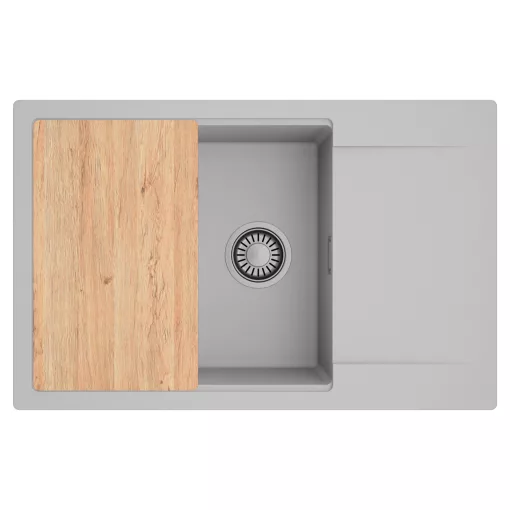 HD Onyx Grey 78-XL egymedencés gránit mosogatótálca, vágódeszkával, alpesi szürke színben, szálcsiszolt króm leeresztő szifonnal