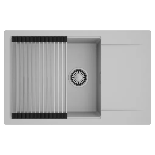 HD Onyx Grey 78-XL egymedencés mosogatótálca szett, acél csepegtetőráccsal, csepegtetőtálcával, alpesi szürke színben, szálcsiszolt króm leeresztő szifonnal