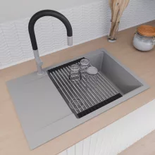 HD Onyx Grey 78-XL egymedencés mosogatótálca szett, acél csepegtetőráccsal, csepegtetőtálcával, alpesi szürke színben, szálcsiszolt króm leeresztő szifonnal