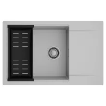 HD Onyx Grey 78-XL egymedencés mosogatótálca szett, matt fekete csepegtetőkosárral, csepegtetőtálcával, alpesi szürke színben, szálcsiszolt króm leeresztő szifonnal