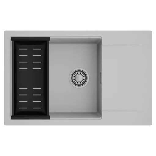 HD Onyx Grey 78-XL egymedencés mosogatótálca szett, matt fekete csepegtetőkosárral, csepegtetőtálcával, alpesi szürke színben, szálcsiszolt króm leeresztő szifonnal