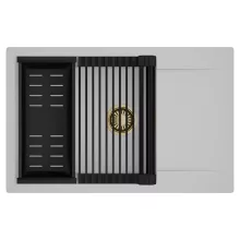 HD Onyx Grey 78-XL egymedencés mosogatótálca szett, matt fekete csepegtetőráccsal és kosárral, csepegtetőtálcával, alpesi szürke színben, szálcsiszolt arany leeresztő szifonnal