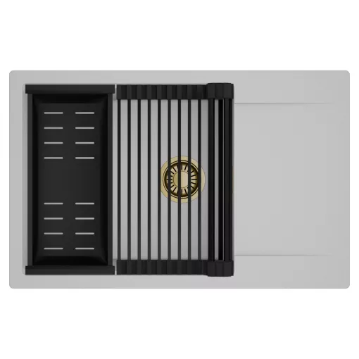 HD Onyx Grey 78-XL egymedencés mosogatótálca szett, matt fekete csepegtetőráccsal és kosárral, csepegtetőtálcával, alpesi szürke színben, szálcsiszolt arany leeresztő szifonnal