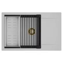 HD Onyx Grey 78-XL egymedencés mosogatótálca szett, matt fekete csepegtetőráccsal és krómozott kosárral, csepegtetőtálcával, alpesi szürke színben, szálcsiszolt arany leeresztő szifonnal