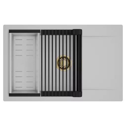 HD Onyx Grey 78-XL egymedencés mosogatótálca szett, matt fekete csepegtetőráccsal és krómozott kosárral, csepegtetőtálcával, alpesi szürke színben, szálcsiszolt arany leeresztő szifonnal