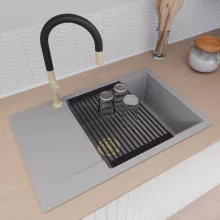 HD Onyx Grey 78-XL egymedencés mosogatótálca szett, matt fekete csepegtetőráccsal és krómozott kosárral, csepegtetőtálcával, alpesi szürke színben, szálcsiszolt arany leeresztő szifonnal