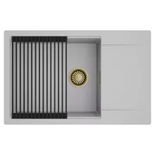 HD Onyx Grey 78-XL egymedencés mosogatótálca szett, matt fekete csepegtetőráccsal, csepegtetőtálcával, alpesi szürke színben, szálcsiszolt arany leeresztő szifonnal
