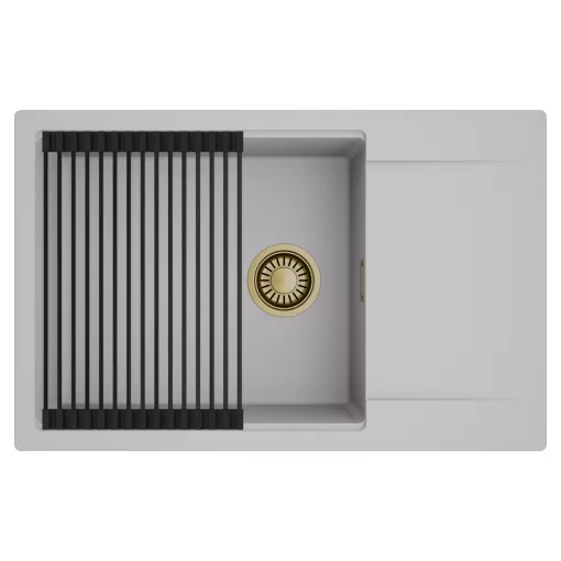 HD Onyx Grey 78-XL egymedencés mosogatótálca szett, matt fekete csepegtetőráccsal, csepegtetőtálcával, alpesi szürke színben, szálcsiszolt arany leeresztő szifonnal