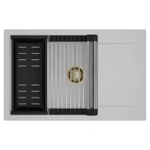 HD Onyx Grey 78-XL egymedencés mosogatótálca szett, acél csepegtetőráccsal és matt fekete kosárral, csepegtetőtálcával, alpesi szürke színben, szálcsiszolt arany leeresztő szifonnal