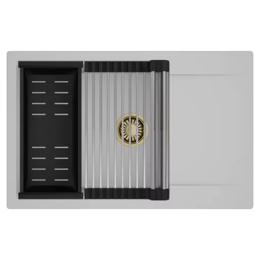 HD Onyx Grey 78-XL egymedencés mosogatótálca szett, acél csepegtetőráccsal és matt fekete kosárral, csepegtetőtálcával, alpesi szürke színben, szálcsiszolt arany leeresztő szifonnal