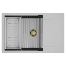HD Onyx Grey 78-XL egymedencés mosogatótálca szett, acél csepegtetőráccsal és kosárral, csepegtetőtálcával, alpesi szürke színben, szálcsiszolt arany leeresztő szifonnal