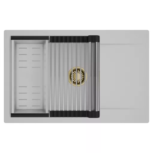 HD Onyx Grey 78-XL egymedencés mosogatótálca szett, acél csepegtetőráccsal és kosárral, csepegtetőtálcával, alpesi szürke színben, szálcsiszolt arany leeresztő szifonnal