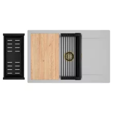 HD Onyx Grey 78-XL egymedencés gránit mosogatótálca szett, csepegtetőtálcával, vágódeszkával, matt fekete csepegtetőráccsal és kosárral, alpesi szürke színben, szálcsiszolt arany leeresztő szifonnal